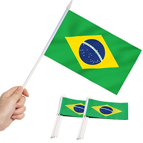 Anley Bandera de Palo de Brasil, Bandera brasileña de 5 x 8 Pulgadas (12 x 20 cm) Mini con Mango de 12"(30 cm) de Poste sólido Blanco - Color Vivo y Resistente a la decoloración - Banderas