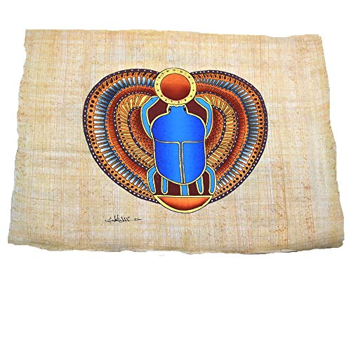 Antiguo Egipto, 2 papiros Originales Hechos y Pintados a Mano en Egipto. El Escarabajo Amuleto de la Buena Suerte y El Ojo de Horus amuletos Protector, Mide Cada uno 22 x33 cm