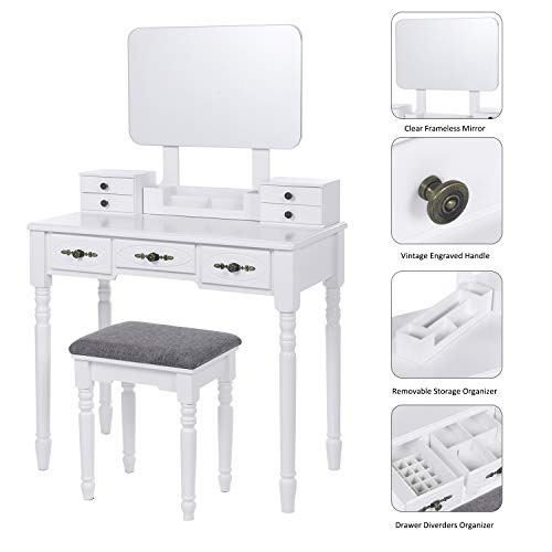 ANWBROAD Tocador Mesa de Maquillaje Belleza Tocador con taburete y espejo de niñas Espejo sin Marco Taburete de Madera de Goma, con 7 cajones, 3 divisores para Dormitorio Vestidor Blanco BDT03W