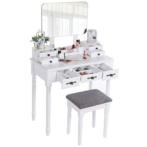 ANWBROAD Tocador Mesa de Maquillaje Belleza Tocador con taburete y espejo de niñas Espejo sin Marco Taburete de Madera de Goma, con 7 cajones, 3 divisores para Dormitorio Vestidor Blanco BDT03W