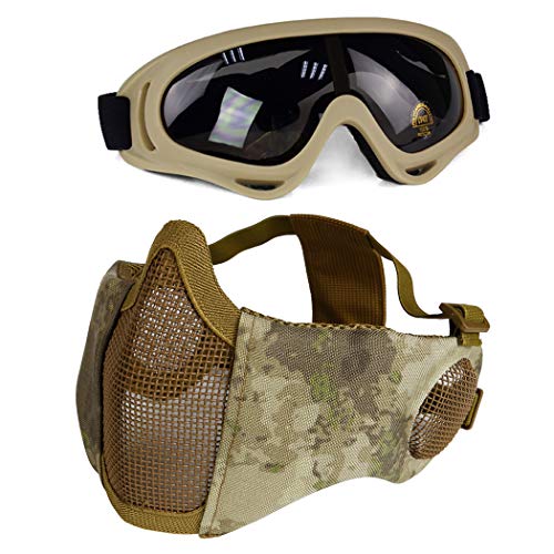 Aoutacc Airsoft - Juego de máscaras de malla con protección para la oreja y gafas para CS/caza/paintball/tiro, AT