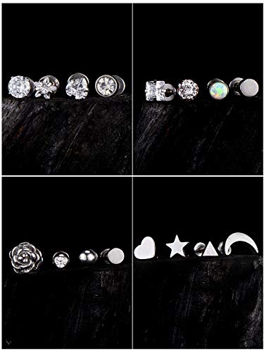 Aretes de Acero Inoxidable Pendientes de Botón de Barra con Pesas de Tragus Cartílago Piercings de Tornillo de Oreja CZ de Incrustado de Diamante de Imitación, 16Pares (Plata)