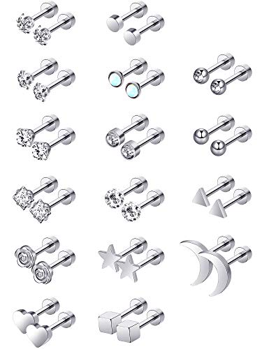 Aretes de Acero Inoxidable Pendientes de Botón de Barra con Pesas de Tragus Cartílago Piercings de Tornillo de Oreja CZ de Incrustado de Diamante de Imitación, 16Pares (Plata)