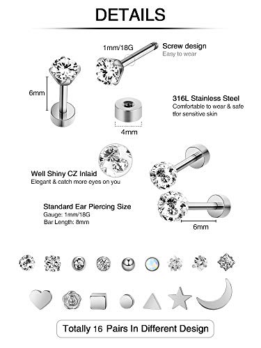 Aretes de Acero Inoxidable Pendientes de Botón de Barra con Pesas de Tragus Cartílago Piercings de Tornillo de Oreja CZ de Incrustado de Diamante de Imitación, 16Pares (Plata)