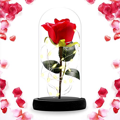 ASANMU Kit de Rosas, Bella y la Bestia Rosa de Seda Roja y luz LED con Pétalos Caídos en Cúpula de Cristal sobre una Base de Madera Mejor Regalo para día de San Valentín, Navidad, Cumpleaños (Roja)