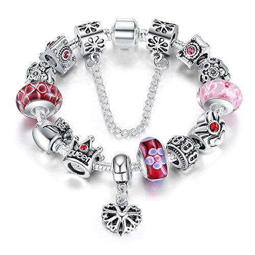 ATE Charm Pulsera Abalorios Corona Corazón Mujeres Cadena Seguridad JWB110