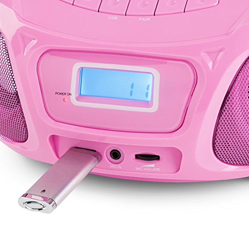 auna Roadie Sing CD - Boombox , Radio con CD , Reproductor de CD , Karaoke , Tamaño Compacto , Efecto Luminoso LED , Conectividad Bluetooth , Micrófono , con Cable o con Pilas , Rosa