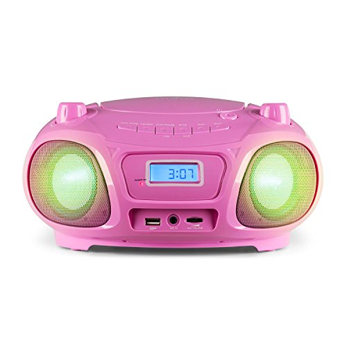 auna Roadie Sing CD - Boombox , Radio con CD , Reproductor de CD , Karaoke , Tamaño Compacto , Efecto Luminoso LED , Conectividad Bluetooth , Micrófono , con Cable o con Pilas , Rosa