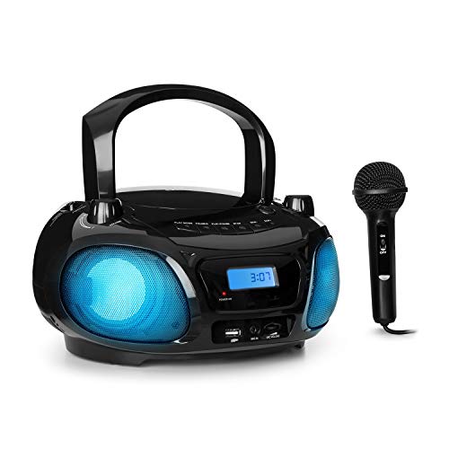 auna Roadie Sing CD - Boombox , Radio con CD , Reproductor de CD , Karaoke , Tamaño Compacto , Efecto Luminoso LED , Conectividad Bluetooth , Micrófono , con Cable o con Pilas , Negro