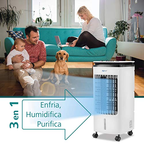 AVANT - Climatizador Evaporativo portátil, 65W - 3 Velocidades, Deposíto de Agua 4 L, Temporizador 7,5 H, Rejillas Verticales con oscilación automática, Filtro Honeycomb,Color Blanco.