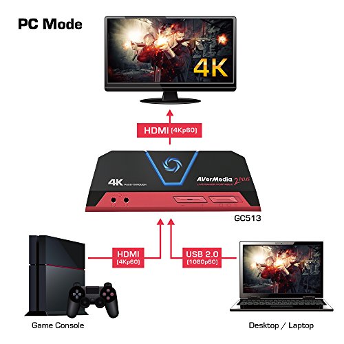 AVerMedia Live Gamer Portable 2 Plus, 4K Pass-Through, Capturadora de juegos 1080p60 USB , Baja latencia, Grabación, Stream, Plug and Play, para Xbox, Playstation, Switch (GC513)