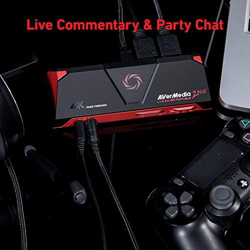 AVerMedia Live Gamer Portable 2 Plus, 4K Pass-Through, Capturadora de juegos 1080p60 USB , Baja latencia, Grabación, Stream, Plug and Play, para Xbox, Playstation, Switch (GC513)