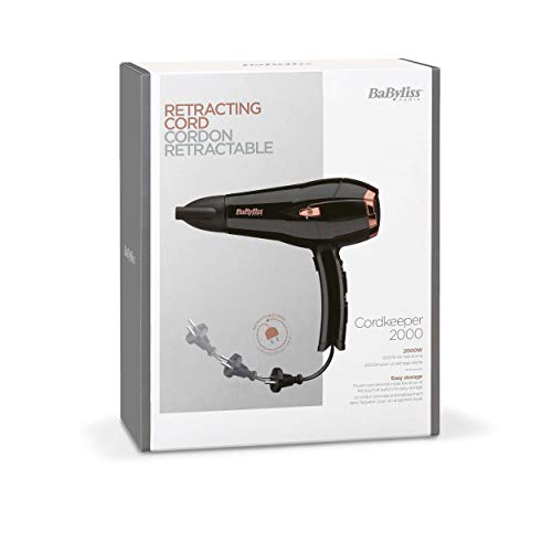 BaByliss D373E Secador de pelo retráctil, iónico, Motor DC 2100W de potencia, 2 velocidades, 3 temperaturas, incluye boquilla y difusor, cable retráctil, negro, peso ligero 535 gramos