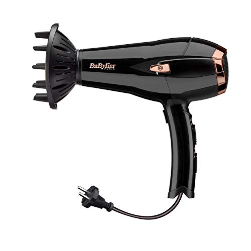 BaByliss D373E Secador de pelo retráctil, iónico, Motor DC 2100W de potencia, 2 velocidades, 3 temperaturas, incluye boquilla y difusor, cable retráctil, negro, peso ligero 535 gramos