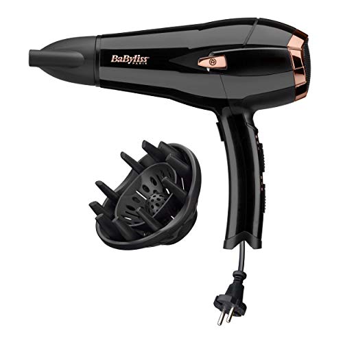 BaByliss D373E Secador de pelo retráctil, iónico, Motor DC 2100W de potencia, 2 velocidades, 3 temperaturas, incluye boquilla y difusor, cable retráctil, negro, peso ligero 535 gramos