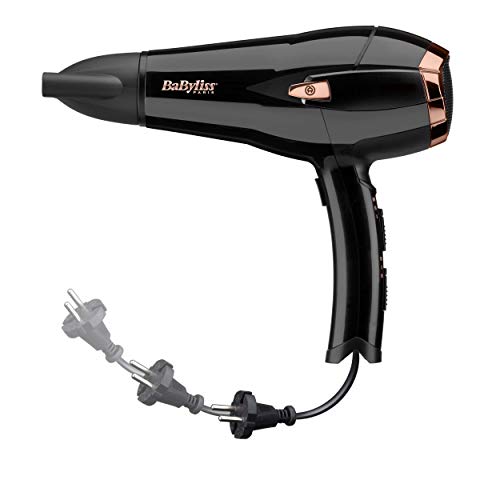 BaByliss D373E Secador de pelo retráctil, iónico, Motor DC 2100W de potencia, 2 velocidades, 3 temperaturas, incluye boquilla y difusor, cable retráctil, negro, peso ligero 535 gramos