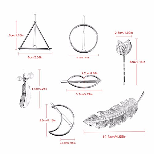 Beauty7 Horquillas Plata Pinza de Pelo Clip Metal Hueco Triángulo Geométrico Círculo Hoja de Plumas Perlas Luna Estrella Accesorios de Pelo Vintage Fiesta Boda 7pcs