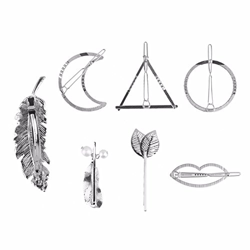 Beauty7 Horquillas Plata Pinza de Pelo Clip Metal Hueco Triángulo Geométrico Círculo Hoja de Plumas Perlas Luna Estrella Accesorios de Pelo Vintage Fiesta Boda 7pcs