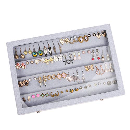 BELLE VOUS Organizador de Pendientes - 40 Ranuras (35,4x24,4x4,8cm) Gris Soporte para Aretes con Forro de Terciopelo y Tapa Transparente - Exhibición de Joyas para el Hogar, la Tienda, el Vestidor