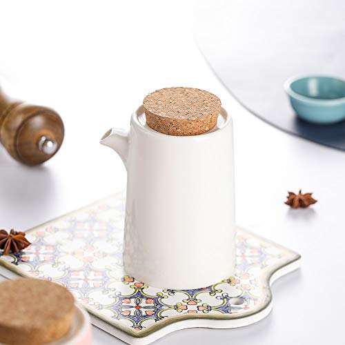 Blanco Botella dispensadora de aceite, Aceitera de Cerámica - Dispensador de Aceite de Oliva con Tapón - Botella Contenedor de Aceite de Oliva, Vinagre, Salsa de Soja - Aceiteras de Cocina