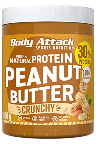 Body Attack Peanut Butter Natural 30% Protein Sugar & Fat Free Crunchy 1 kg