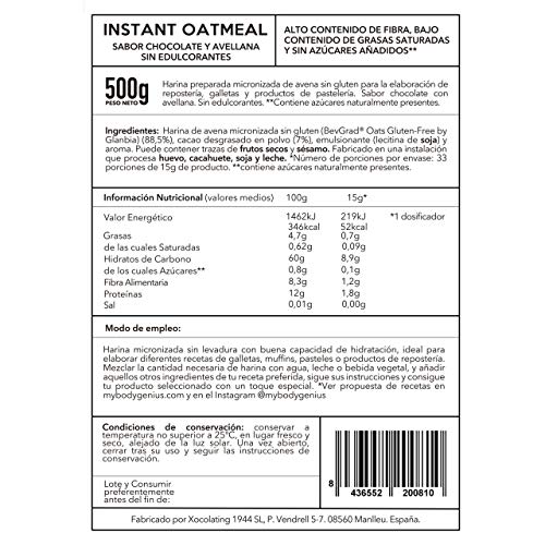 BODY GENIUS Harina de Avena (Sabor Rosquilla Endulzado). 500g. Avena Certificada Sin Gluten. Sin Azúcares Añadidos. Buena Digestión y Micronización. Hecho en España.