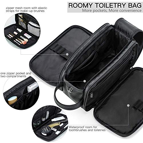 Bolsa de aseo de cuero resistente al agua para hombres, bolsa de lavado de viaje, kit de aseo Dopp para baño, gimnasio, organizador de maquillaje con bolsa de secado húmedo Negro Negro Large