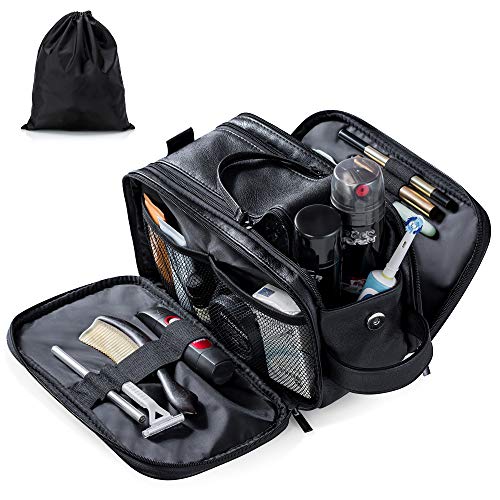 Bolsa de aseo de cuero resistente al agua para hombres, bolsa de lavado de viaje, kit de aseo Dopp para baño, gimnasio, organizador de maquillaje con bolsa de secado húmedo Negro Negro Large