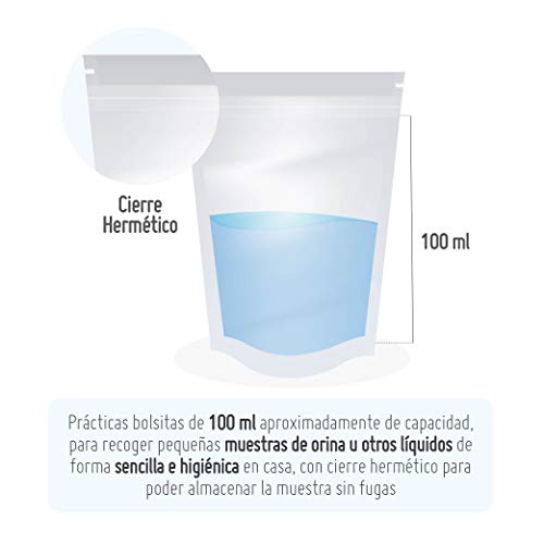 Bolsas de Recolección de Muestra de Orina 100 ml Desechables - Cierre Hermético - Pruebas Médicas - Tests de embarazo, Ovulación, Gota, Salud, Glucosa, pH, Cetonas, Drogas, Análisis de orina - 20 uds