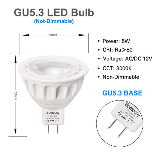 Bombillas LED GU5.3, Bomcosy MR16 LED 5W Lámparas Halógenas Equivalentes a 50W, LED 12v MR16, Blanco Cálido 3000K, Bombillas led 500LM, LED GU5.3 36°Luz, 10 Pack