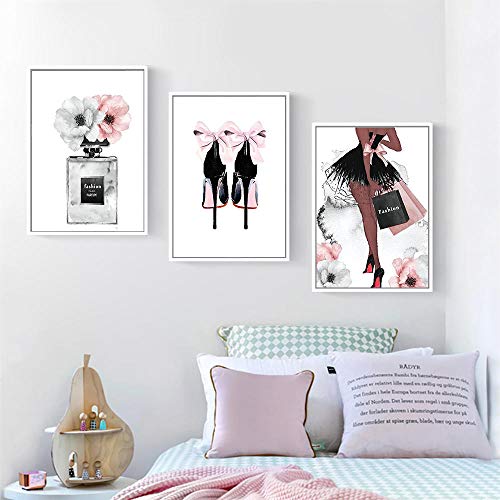 Botella de perfume Cartel nórdico Arte de la pared Moda Tacones altos Impresión de la lona Pintura Mujer Imágenes para la sala Decoración moderna SIN marco 35 * 50 cm * 3