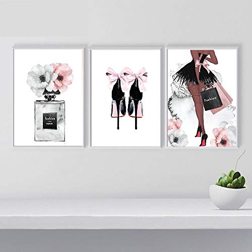 Botella de perfume Cartel nórdico Arte de la pared Moda Tacones altos Impresión de la lona Pintura Mujer Imágenes para la sala Decoración moderna SIN marco 35 * 50 cm * 3