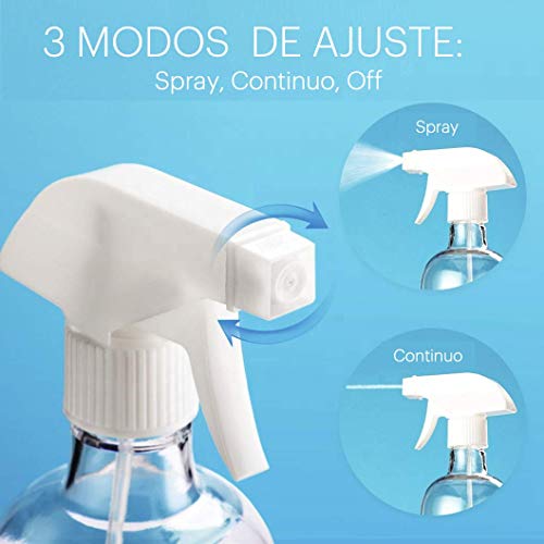 Botella Spray pulverizador de plástico reciclable vacío 500ml transparente rellenable marcado con Solución desinfectante, 3 modos. Pack 5 botellas para limpieza. Uso profesional y doméstico.