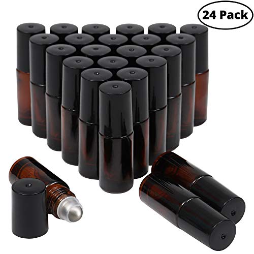 Botellas Vacía Roll On (Paquete de 24) - 5-6 ml Brown Botella Vidrio con Acero Rodillo de lnoxidable para Productos Labiales, Aceites Esenciales, Regalos cosméticos, Perfumes