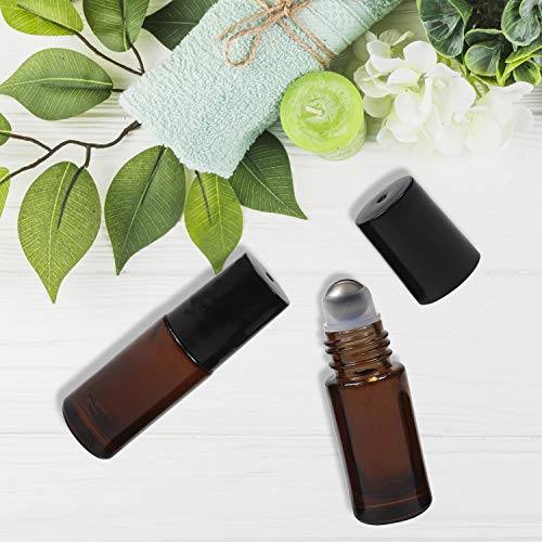 Botellas Vacía Roll On (Paquete de 24) - 5-6 ml Brown Botella Vidrio con Acero Rodillo de lnoxidable para Productos Labiales, Aceites Esenciales, Regalos cosméticos, Perfumes