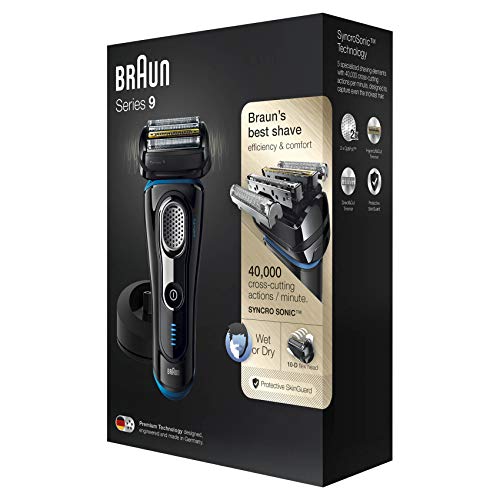 Braun Series 9 9240 s - Afeitadora eléctrica para hombre de lámina, en húmedo y seco, máquina de afeitar barba con base cargadora, negro/azul, sólo recargable, inalámbrico