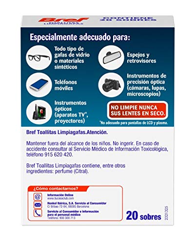 Bref Toallitas Limpiadoras para Gafas, Smartphones, Cámaras, Espejos y otros Dispositivos y Superficies 20 Unidades - Pack de 4, Total: 80 Unidades