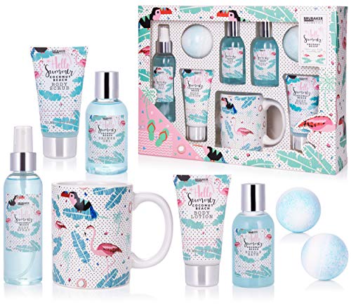 BRUBAKER Set de Baño y Ducha 'Coco playa' - 8 piezas - Set de regalo de belleza con taza de cerámica