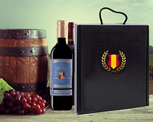 Caja Regalo Vino Tinto - Pack de 2 Botellas Ribera del Duero D.Origen Cune + Kit Accesorios con Abrecorchos Aireador y Anillo Antigoteo con estuche – Tematica España - Ideal para regalar.