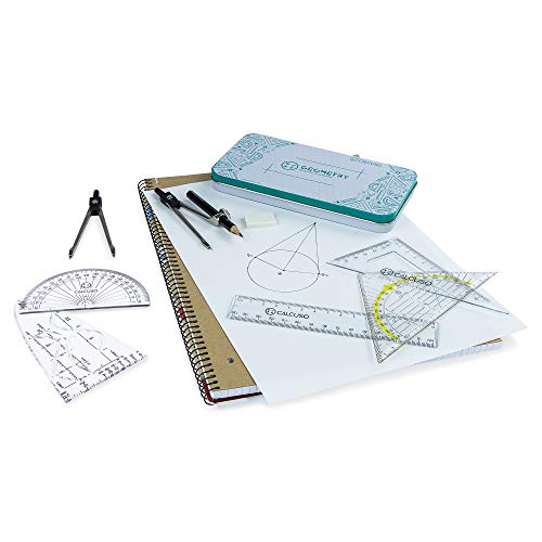 CALCUSO Set de geometría para la Escuela con compás, Regla, transportador y Mucho más en una Robusta Caja metálica de 10 Unidades