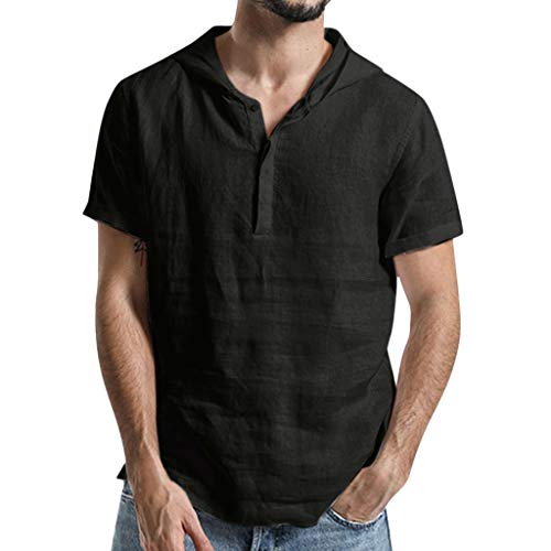 Camisetas con Capucha Rebajas Yvelands Verano de Hombre Baggy Algodón de Lino SOID Color Tops de Manga Corta Camisa de Trabajo(Negro,XL)