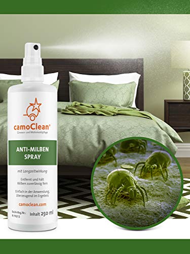 CamoClean Spray antiácaros para colchones, Acolchado, Tejidos, Animales Stallungen | 250 ML Medio contra ácaros con Largo Tiempo Protección | ácaros Funda Alternativa