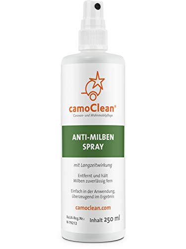 CamoClean Spray antiácaros para colchones, Acolchado, Tejidos, Animales Stallungen | 250 ML Medio contra ácaros con Largo Tiempo Protección | ácaros Funda Alternativa