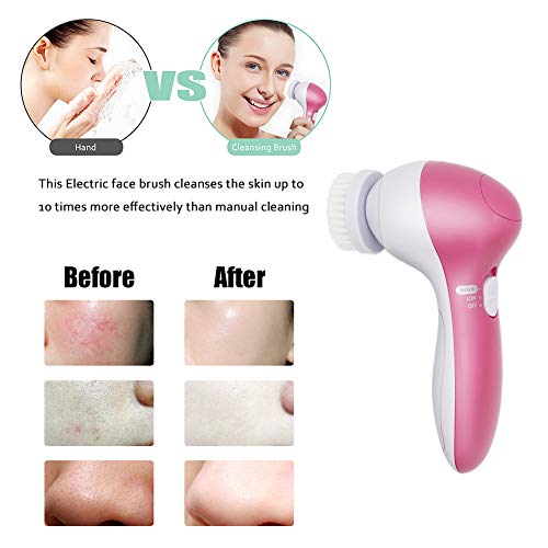 Cepillo de limpieza facial 5 en 1 masajeador facial eléctrico, limpiador de poros faciales con 5 cabezas de cepillo para el acné, puntos negros y piel muerta - Rosa clásica