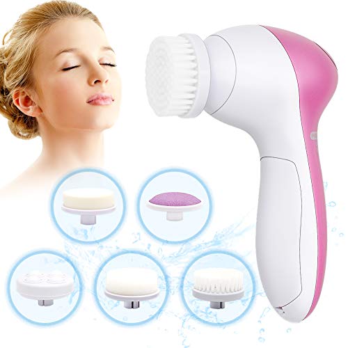 Cepillo de limpieza facial 5 en 1 masajeador facial eléctrico, limpiador de poros faciales con 5 cabezas de cepillo para el acné, puntos negros y piel muerta - Rosa clásica