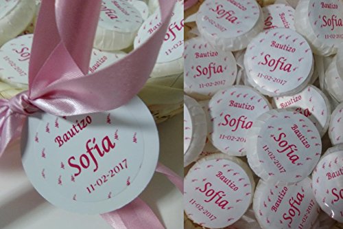 Cestito rosa, oro o azul, con 25 jabones personalizados para boda.bautizo.