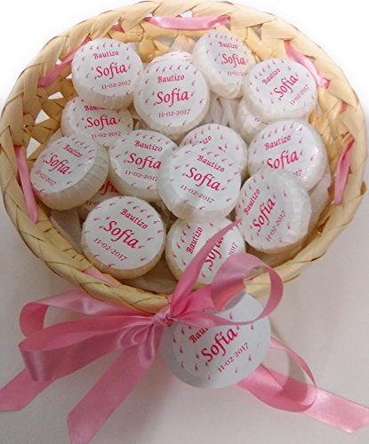 Cestito rosa, oro o azul, con 25 jabones personalizados para boda.bautizo.