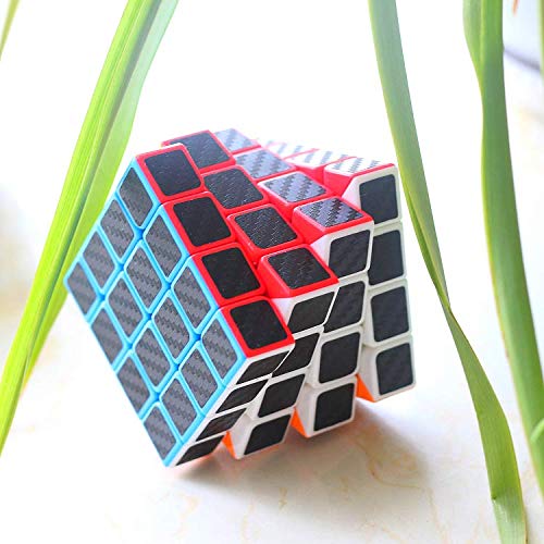 cfmour Speed Cube 4x4x4,Smooth Magic Carbon Fiber Sticker Rube Speed Cubes,Enhanced Version,Black