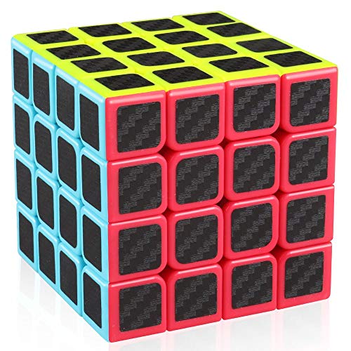 cfmour Speed Cube 4x4x4,Smooth Magic Carbon Fiber Sticker Rube Speed Cubes,Enhanced Version,Black