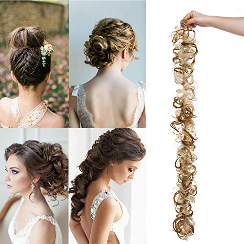 Chignon Hair Extension Elástico Long Wrap DIY Updo Bun Tail Braid Hair Scrunchie Cabello ondulado y rizado - Brown Mezcla de arena Muy rubio claro